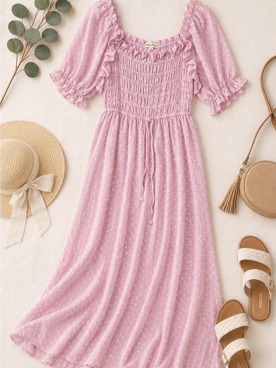 indigo Rose Dresses & Skirts - Indigo Rose Pink Swiss Dot Smocked Puff Sleeve Midi Dress Women’s Large
